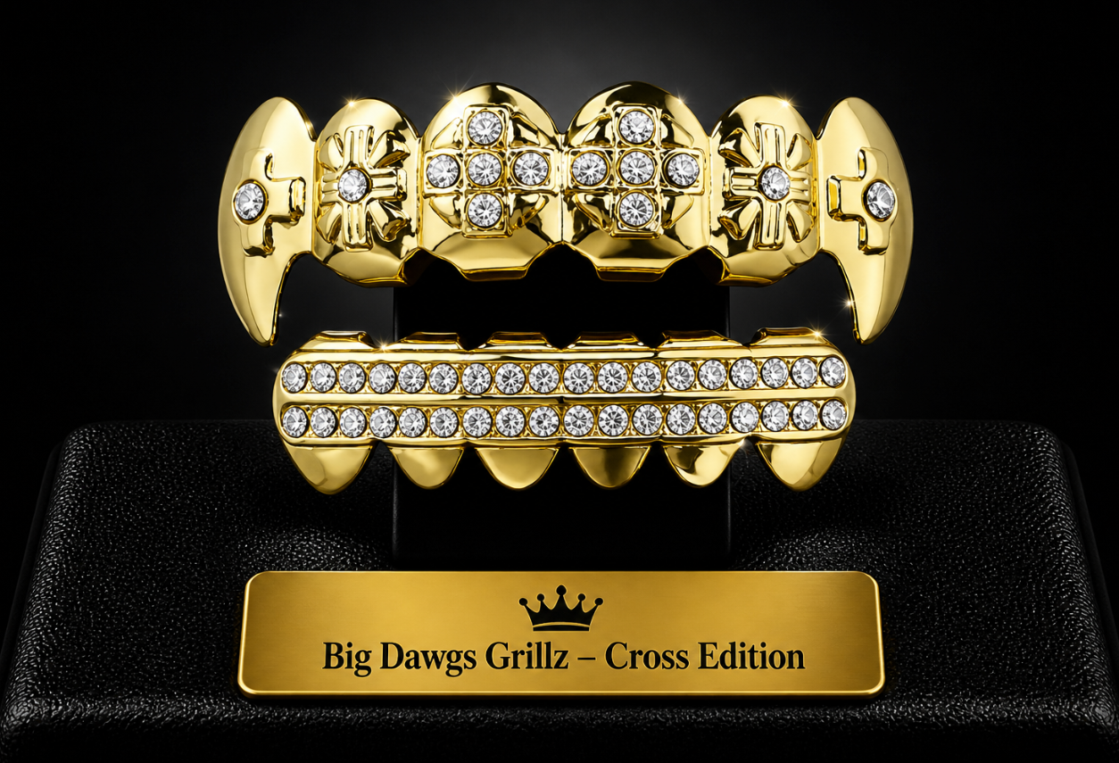 14K Gold Plated Upper & Lower Grillz Set Iced Cross Fangs