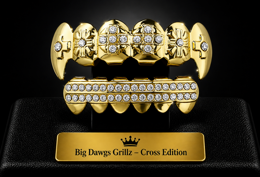 14K Gold Plated Upper & Lower Grillz Set Iced Cross Fangs