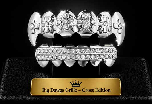 Silver Plated Upper & Lower Grillz Set Iced Cross Fangs