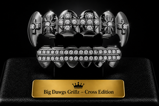 Rhodium Plated Upper & Lower Grillz Set Fangs w/ Clear Stones