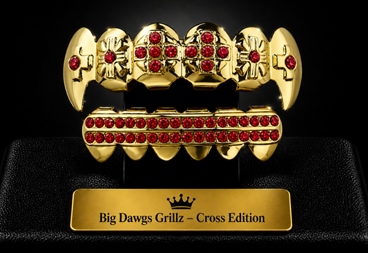 14K Gold Plated Upper & Lower Grillz Cross Fangs Set Iced Red CZ