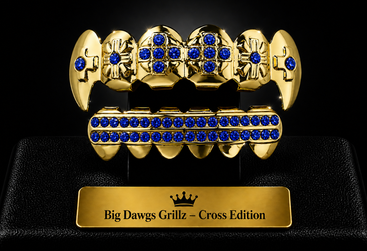 14K Gold Plated Upper & Lower Grillz Cross Fangs Set Iced Blue CZ