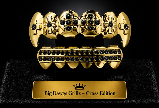 14K Gold Plated Upper & Lower Grillz Cross Fangs Set Iced Black CZ Stones