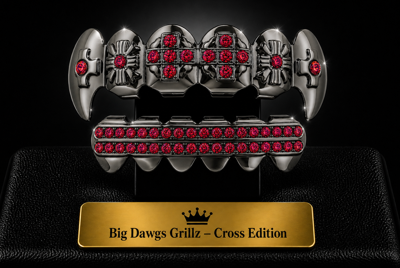 Rhodium Plated Upper & Lower Grillz Set Black Fangs w/ Red CZ Stones
