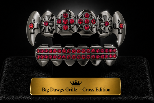 Rhodium Plated Upper & Lower Grillz Set Black Fangs w/ Red CZ Stones