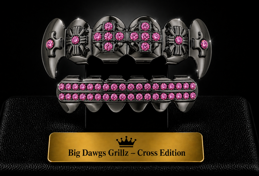 Rhodium Plated Upper & Lower Grillz Set Black Fangs w/ Pink CZ Stones