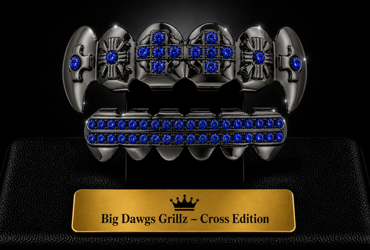 Rhodium Plated Upper & Lower Grillz Set Black Fangs w/ Blue CZ Stones