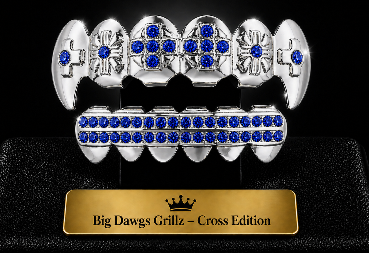 Silver Plated Upper & Lower Fang Cross Grillz Set Iced Blue CZ