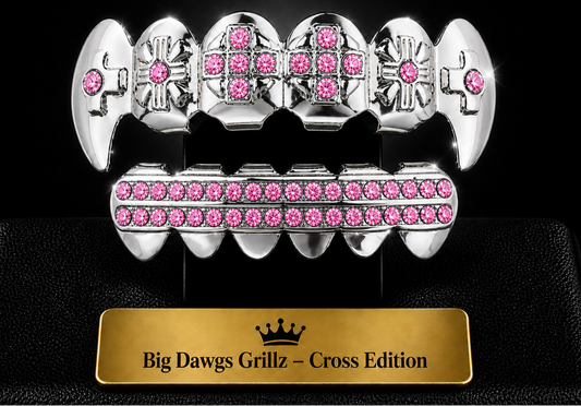 Silver Plated Upper & Lower Cross Fang Grillz Set Iced Pink CZ