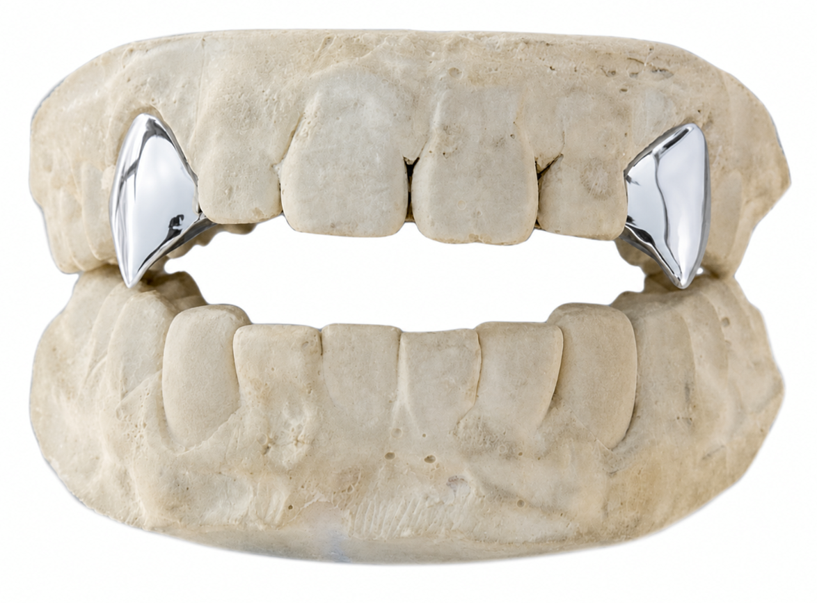 Silver Plated 2pc Single Fangs Grillz Set