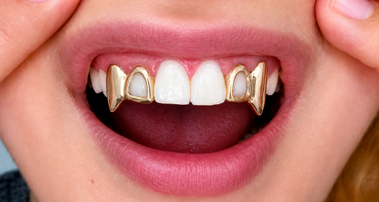 14K Gold Plated Open Face Upper Left & Right Double Fang Grillz 2pc Set