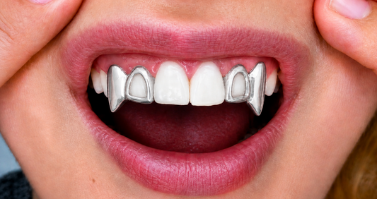 Silver Plated Open Face Upper Left & Right Double Fang Grillz 2pc Set