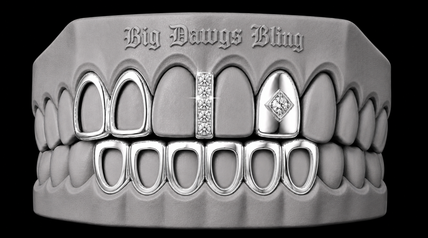 925 Silver Plated Open Double Tooth, Diamond Grillz Cap, Iced Gap & Open Lower 4pc Set