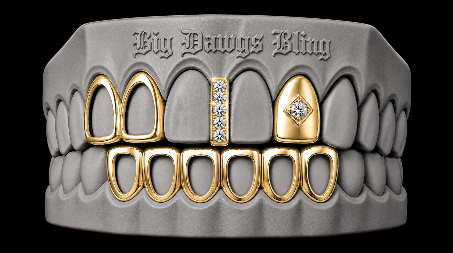 14K Gold Plated Open Double Tooth, Diamond Grillz Cap, Iced Gap & Open Lower 4pc Set