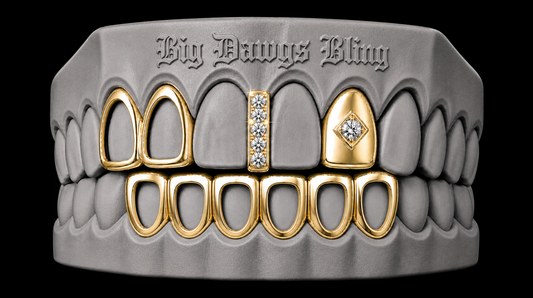 14K Gold Plated Open Double Tooth, Diamond Grillz Cap, Iced Gap & Open Lower 4pc Set