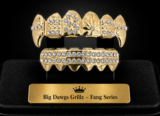 14K Gold Plated Upper & Lower Grillz Set Dollar Sign Fangs