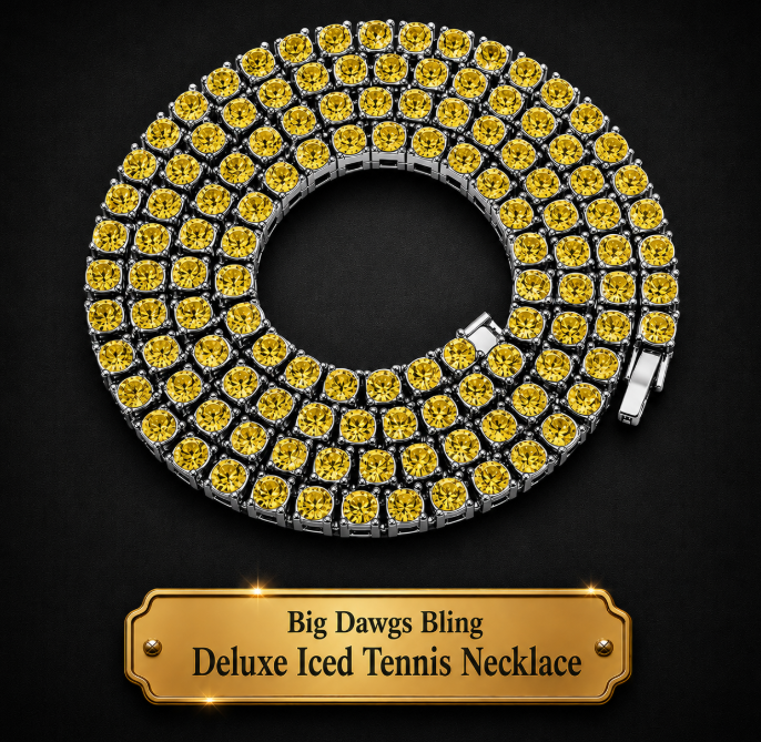 Silver Iced CZ Row Tennis Baseball Chain Necklace Yellow