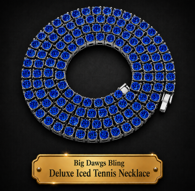 Silver Iced CZ Row Tennis Baseball Chain Necklace Blue