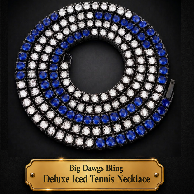 Black Iced CZ Row Tennis Baseball Chain Necklace Blue White