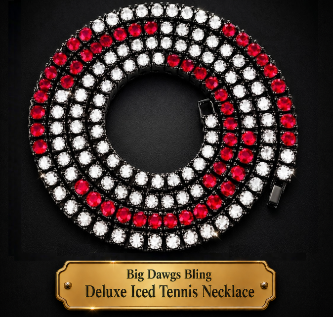 Black Iced CZ Row Tennis Baseball Chain Necklace Red White