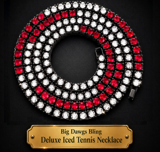 Black Iced CZ Row Tennis Baseball Chain Necklace Red White
