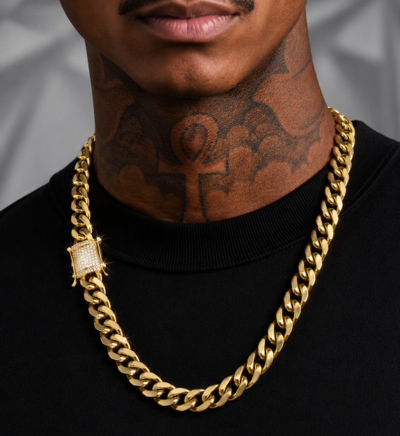18K Gold GP Stainless Steel Cuban Link Chain Necklace Diamond Clasp 14mm
