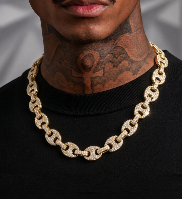 14K Gold Plated Iced Gucci Mariner Link Chain Necklace 12mm