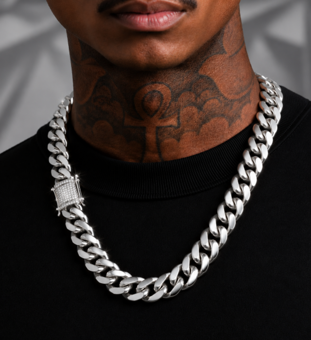 Silver Plated over Stainless Steel Cuban Link Chain Necklace Diamond Clasp 14mm
