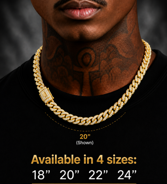 14K Gold GP Stainless Steel Cuban Link Iced Chain Necklace Diamond Clasp 13mm