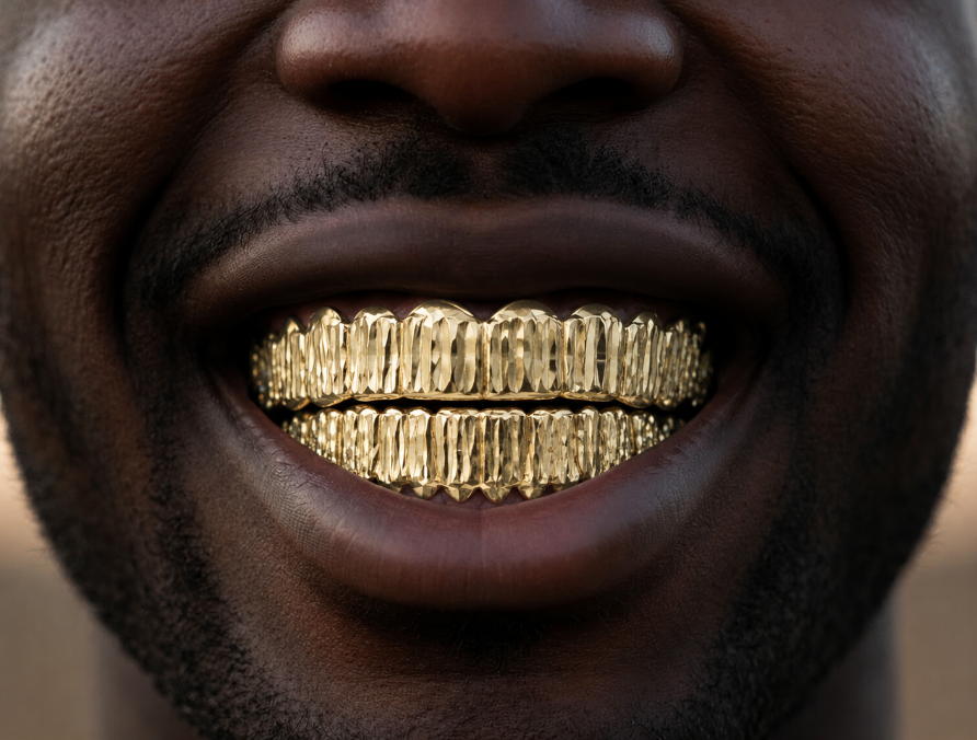 14K Gold Plated Upper & Lower Grillz Set Diamond Cut Series 02