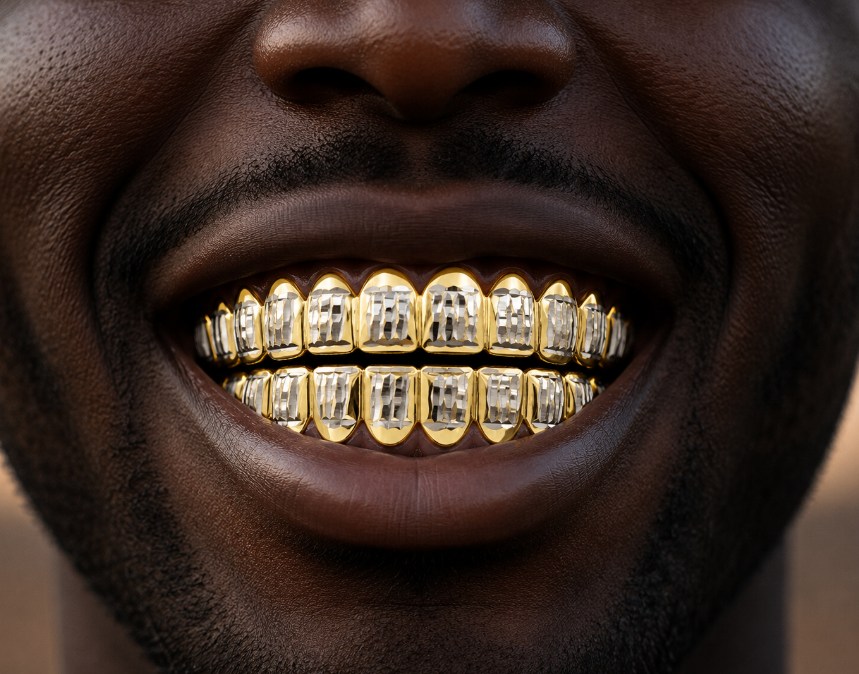 14K Gold Plated Upper & Lower Grillz Set Diamond Cut Series 04