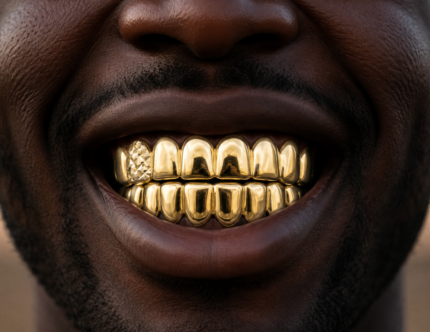 14K Gold Plated Upper & Lower Grillz Set Diamond Cut Series 07
