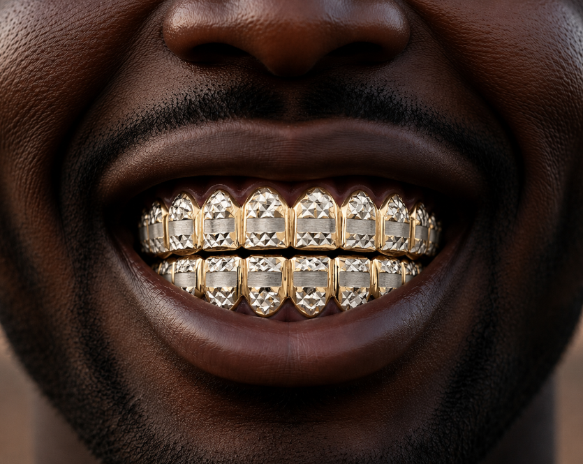 14K Gold Plated Upper & Lower Grillz Set Diamond Cut Series 03