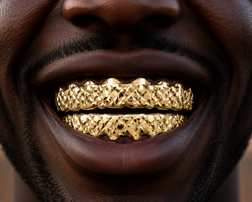 Two-Tone Silver & 14K Gold Plated Upper & Lower Grillz Set Diamond Cut Series 08