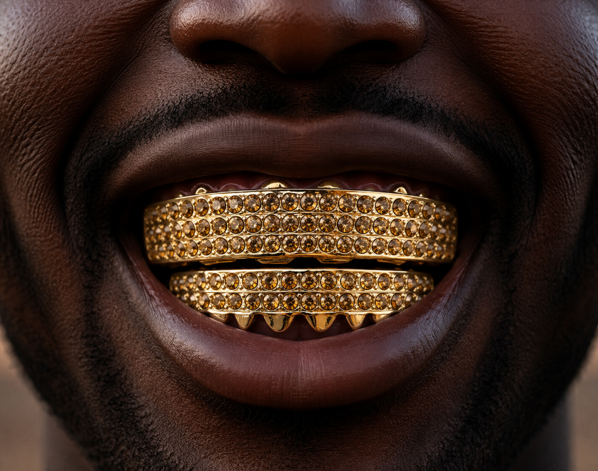 14K Gold Plated Upper & Lower Grillz Set Iced 6 Rows Golden Series