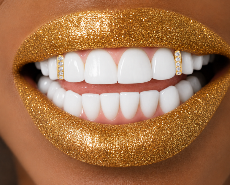 14K Gold Plated Iced Gap Fill Grillz 2pc Set