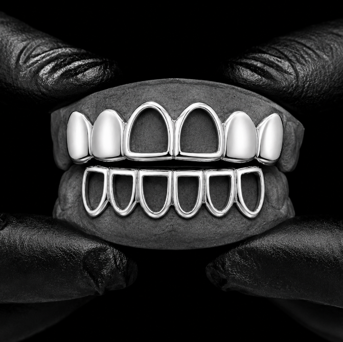 925 Silver Electroplated Middle Open Face Joker Halloween Grillz Set