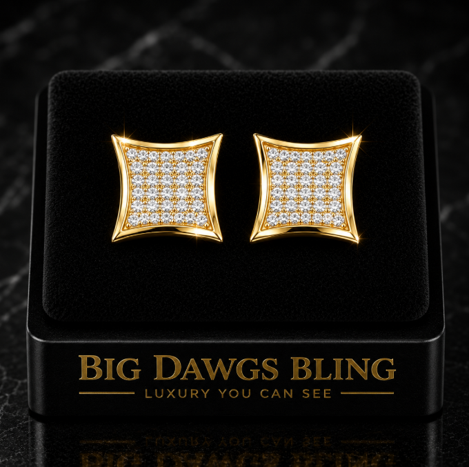 Large Iced CZ 14K Gold Plated 9x9 Kite Earrings Screw Back 22mm