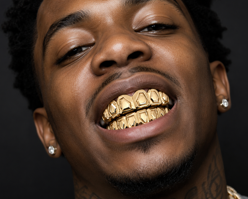 14K Gold Plated Upper & Lower Grillz Set Diamond Cut Series 09