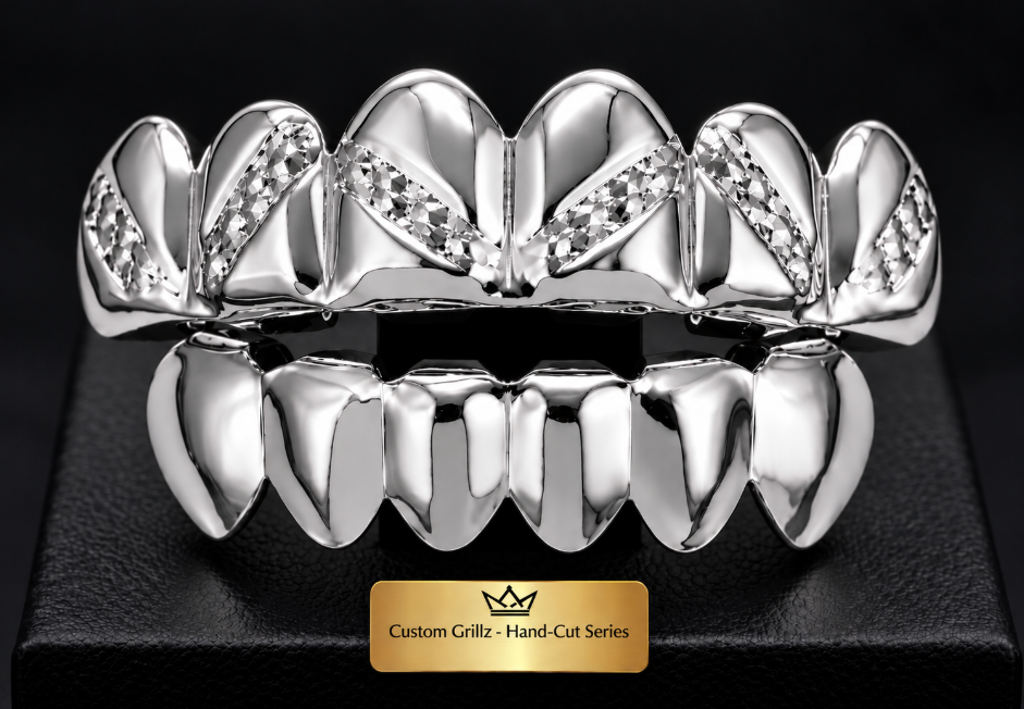 Silver Plated Upper & Lower Grillz Set Diamond Cut Series 01