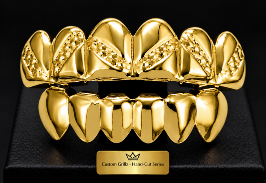 14K Gold Plated Upper & Lower Grillz Set Diamond Cut Series 01