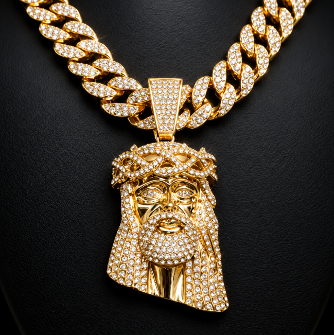 Iced 14K Gold Plated Large Jumbo Jesus Head Pendant with Hip Hop Cuban Link Chain Necklace