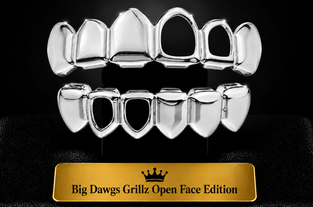 925 Silver Electroplated Open Face Upper & Lower Teeth Grillz Set