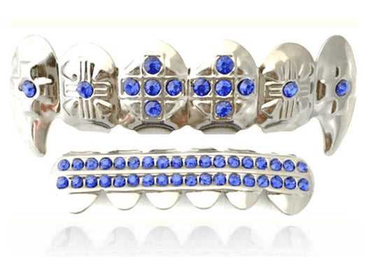 Silver Plated Upper & Lower Fang Grillz Set Iced Blue CZ