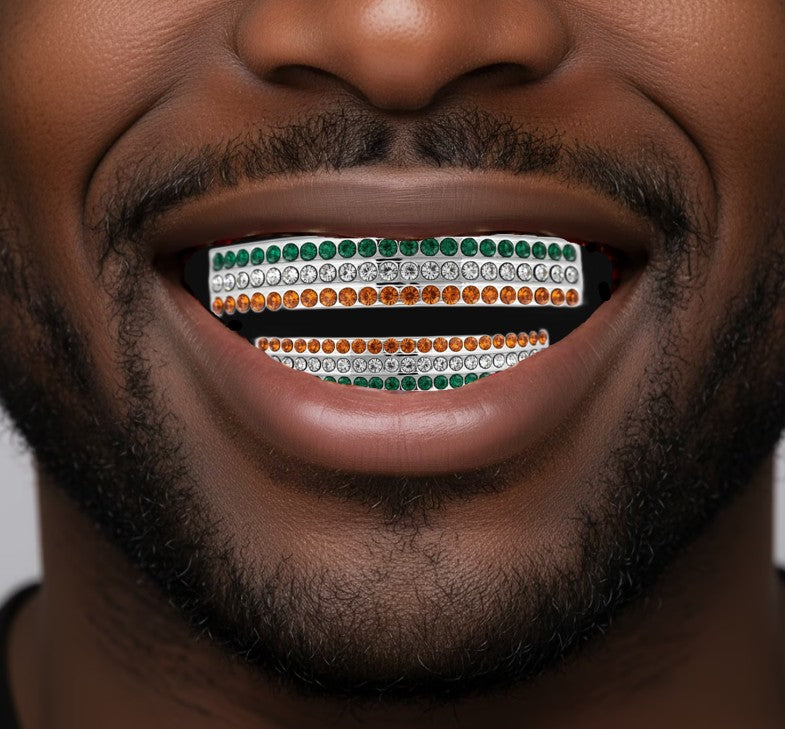 Team Colors Silver 6 Rows Iced CZ Mouth Teeth Grillz Upper Lower Set Orange Green