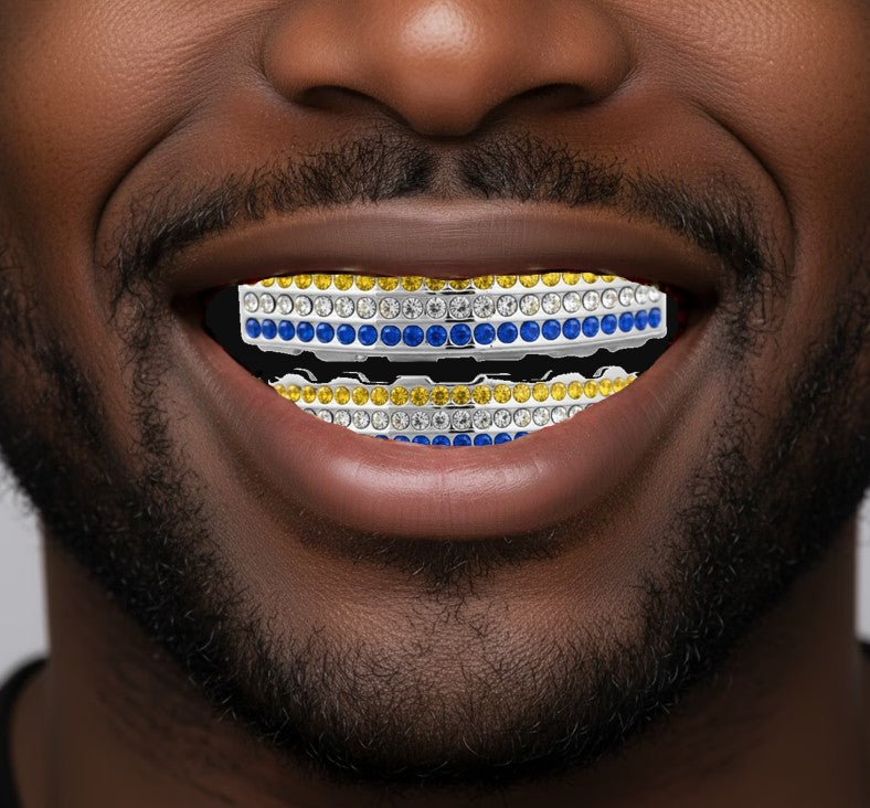 Team Colors Silver 6 Rows Iced CZ Mouth Teeth Grillz Upper Lower Set Blue Yellow
