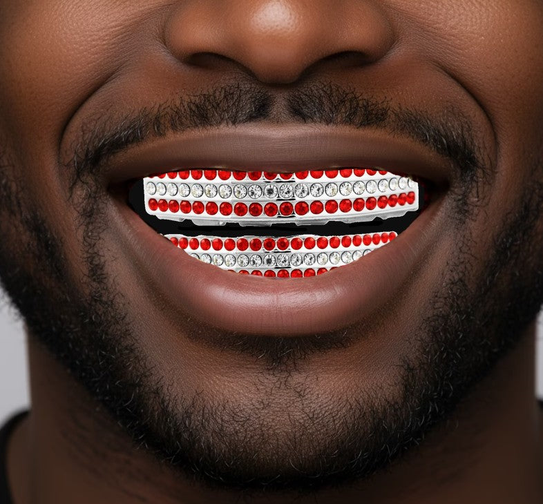 Team Colors Silver 6 Rows Iced CZ Mouth Teeth Grillz Upper Lower Set Red