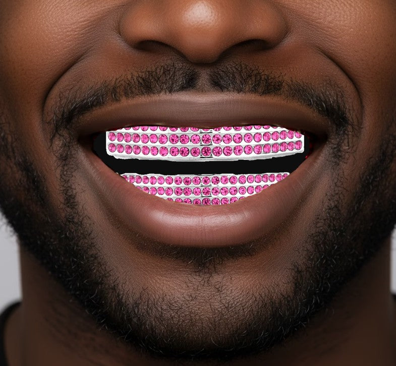 Team Colors Silver 6 Rows Iced CZ Mouth Teeth Grillz Upper Lower Set Pink