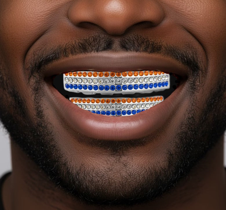 Team Colors Silver 6 Rows Iced CZ Mouth Teeth Grillz Upper Lower Set Orange Blue