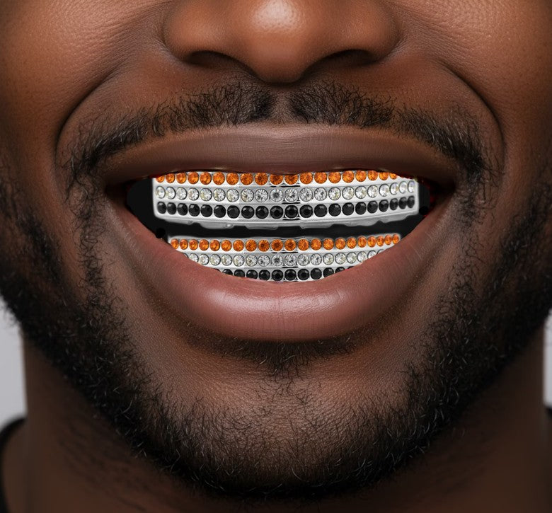 Team Colors Silver 6 Rows Iced CZ Mouth Teeth Grillz Upper Lower Set Orange Black